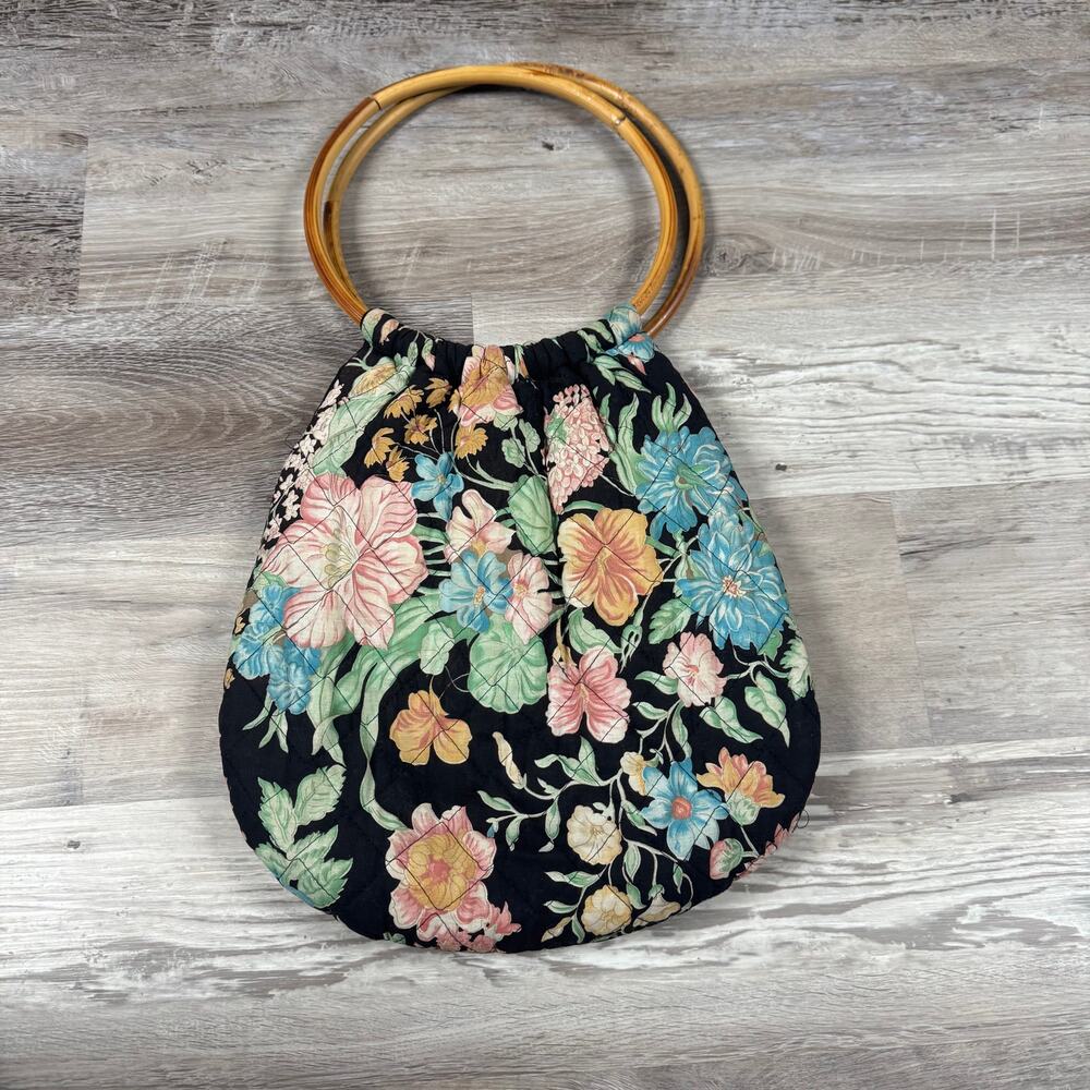 Vintage 90s Black Floral Bamboo Handle Bag Tapestry Boho Cottage Shoulder Purse